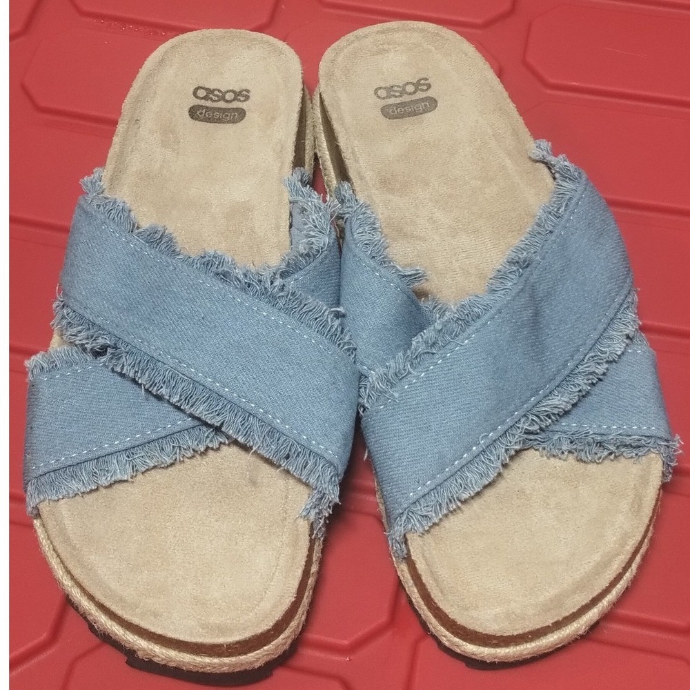 ASOS Design Womens Blue Frayed Denim Criss Cross Slide Sandals Espadrille UK 7
